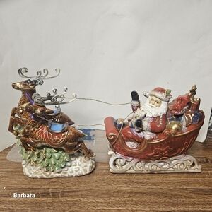 Vintage Costco Porcelain Hand-crafted Santa Sleigh 2-Piece Set